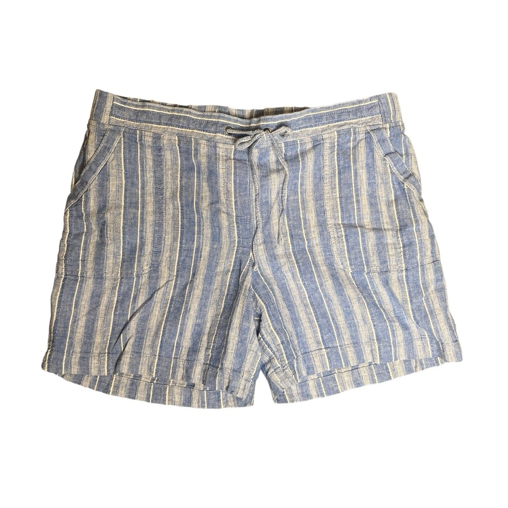 Talbots Linen Cotton Shorts Womens 14P Blue White Striped Pull On Coastal Summer